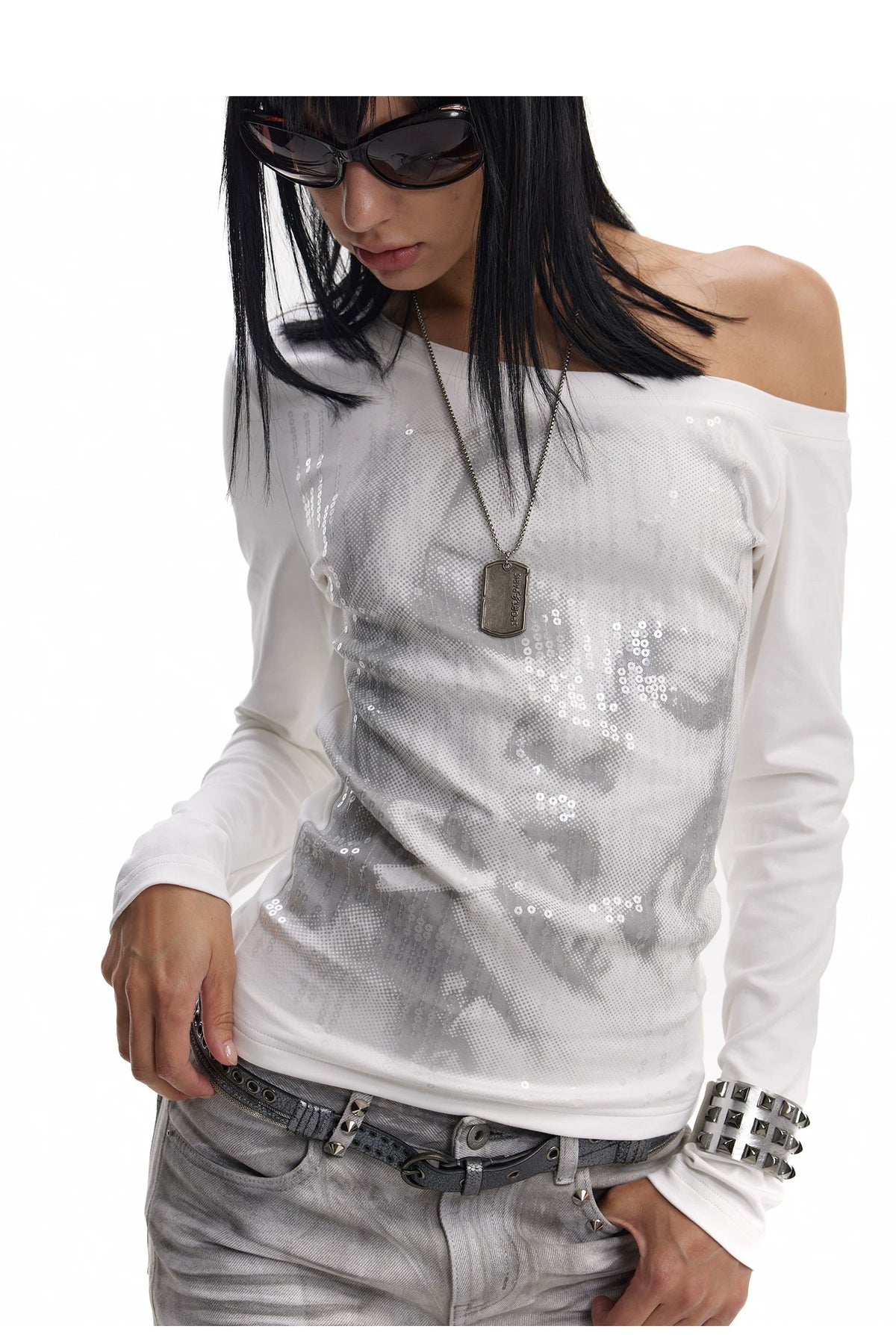 noE Sequin Portrait Off-Shoulder Long Sleeve Top - White front close-up with sequin detail