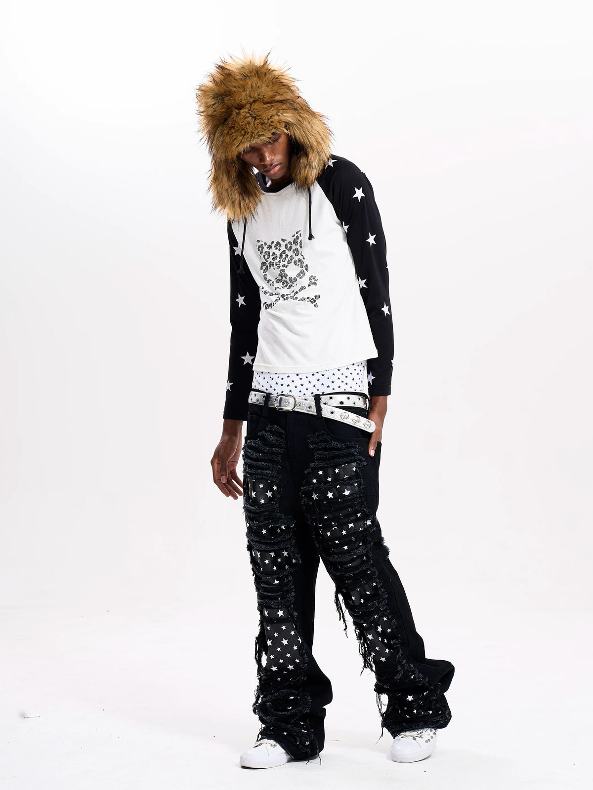 Fourth3ex Rhinestone Skull Cat Raglan Long Sleeve Tee - White full-length side