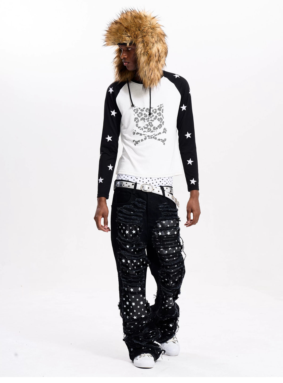 Fourth3ex Rhinestone Skull Cat Raglan Long Sleeve Tee - White full-length front