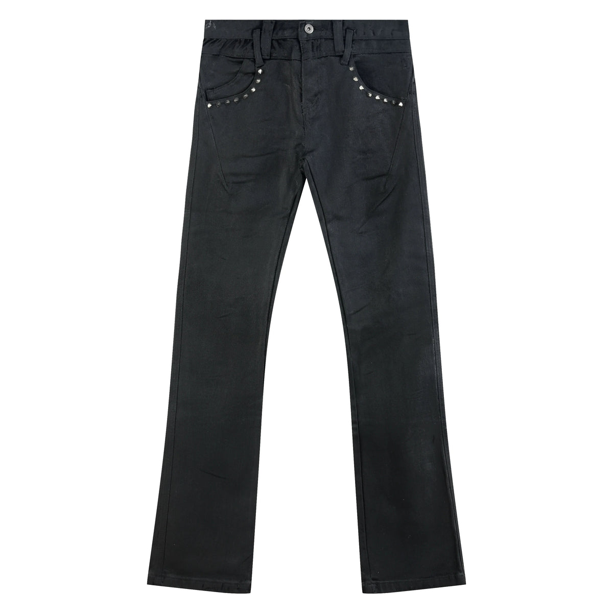 NumbAsia Waxed Black Studded Slim Flare Jeans - black front