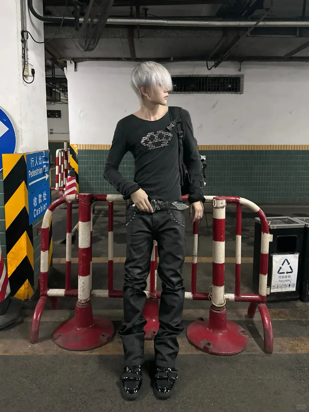 NumbAsia Waxed Black Studded Slim Flare Jeans - street model full look