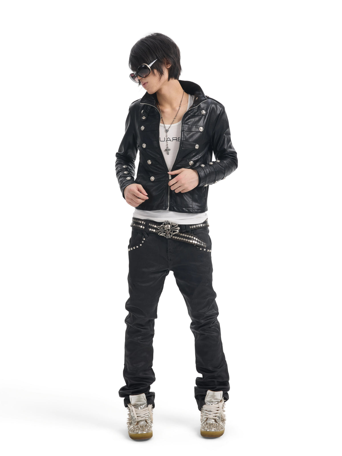 NumbAsia Waxed Black Studded Slim Flare Jeans - model front