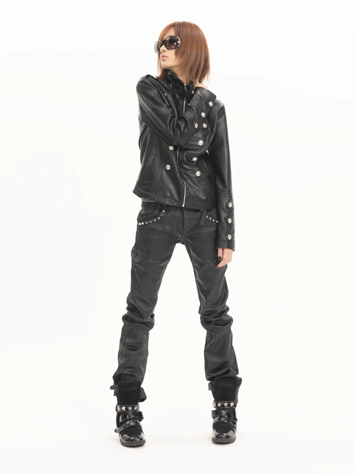 NumbAsia Waxed Black Studded Slim Flare Jeans - model angle