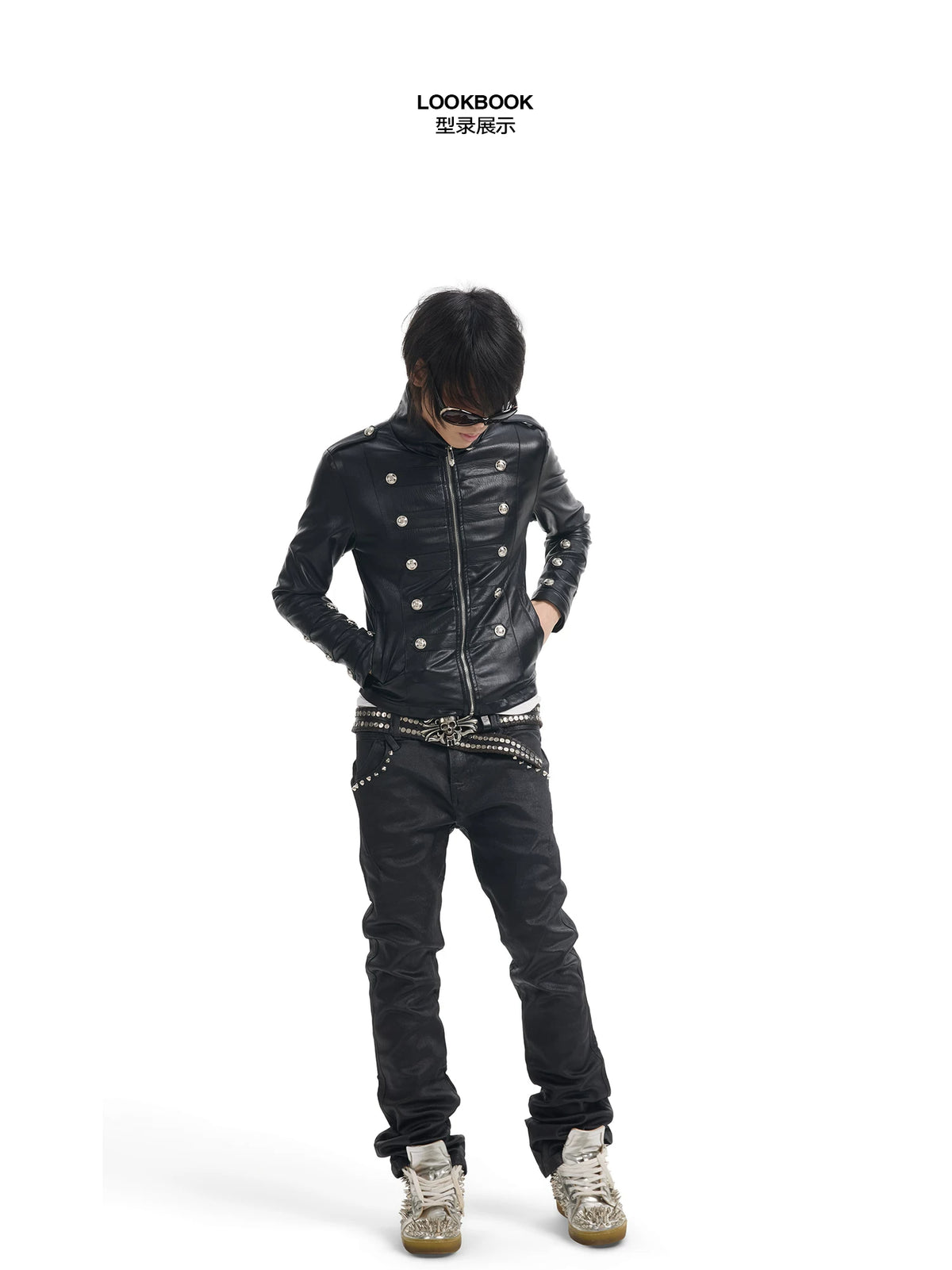NumbAsia Waxed Black Studded Slim Flare Jeans - model second front