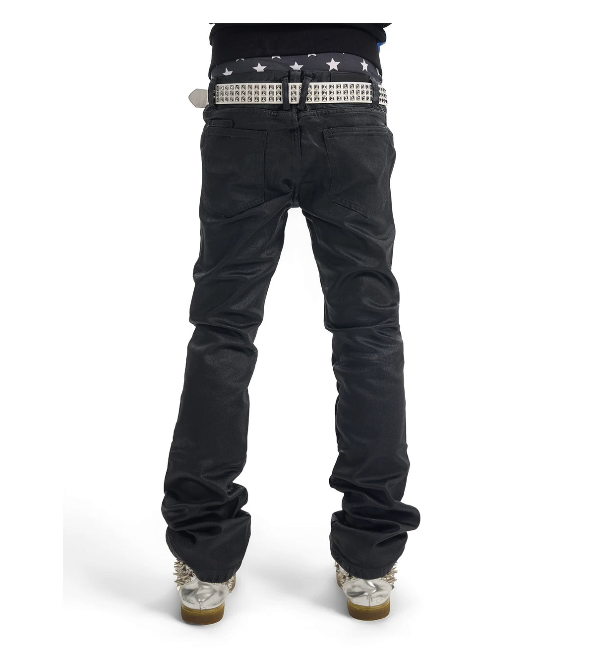 NumbAsia Waxed Black Studded Slim Flare Jeans - back model look