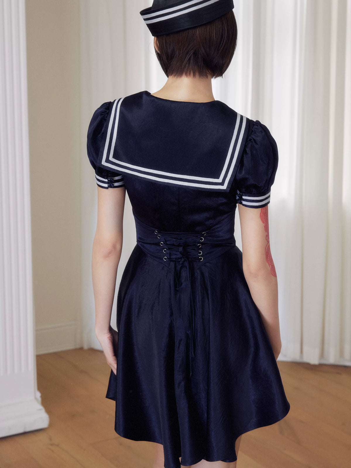 BeatleLady Sailor Collar Lace-Up Acetate Dress - Navy view 3