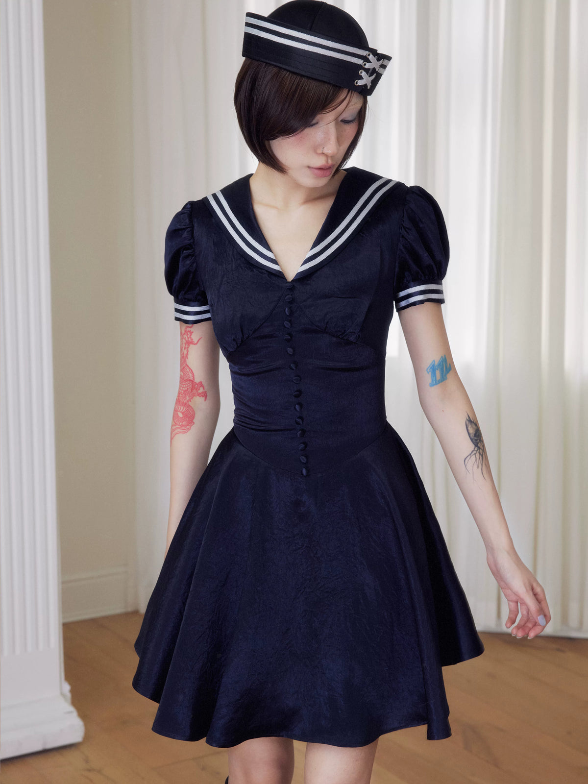 BeatleLady Sailor Collar Lace-Up Acetate Dress - Navy view 4