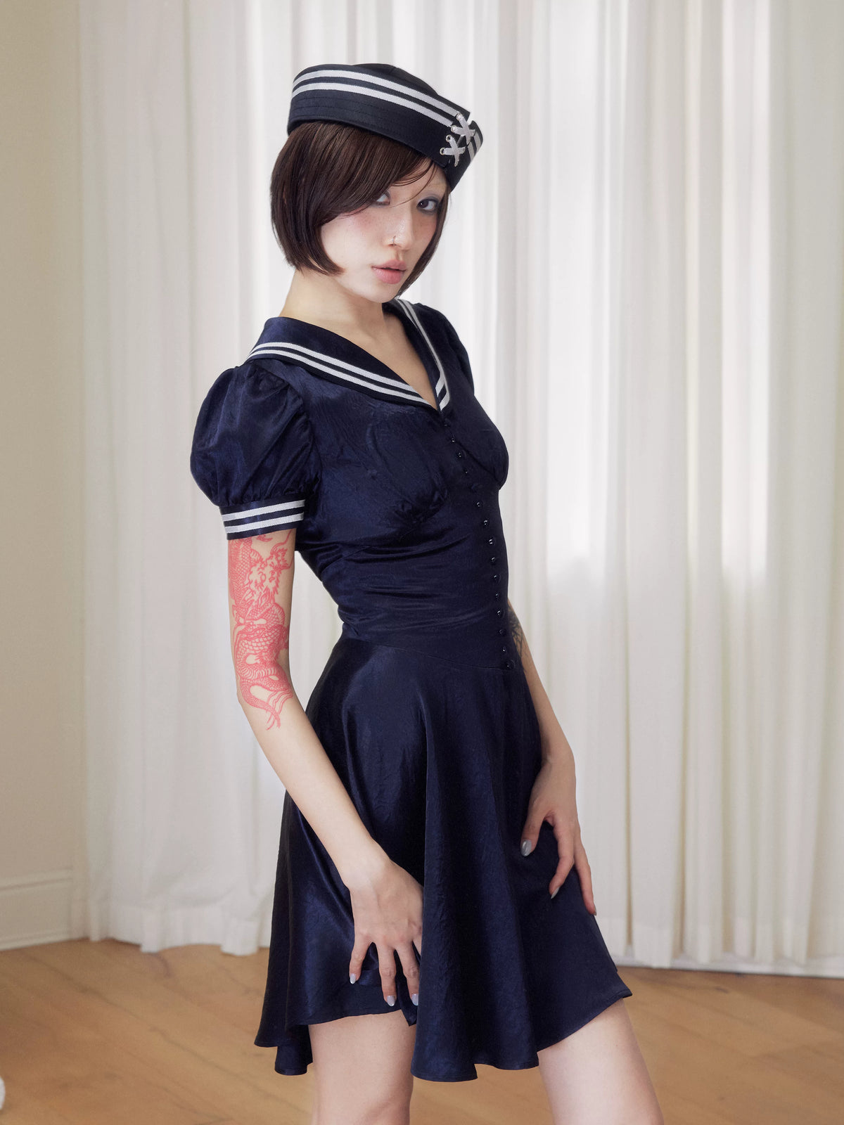 BeatleLady Sailor Collar Lace-Up Acetate Dress - Navy view 5