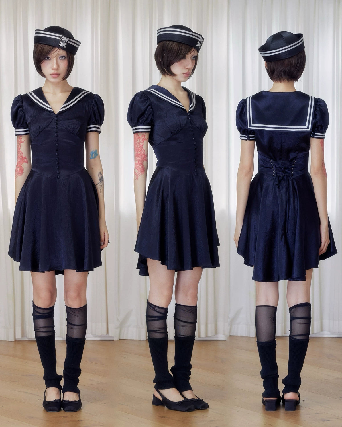 BeatleLady Sailor Collar Lace-Up Acetate Dress - Navy view 6