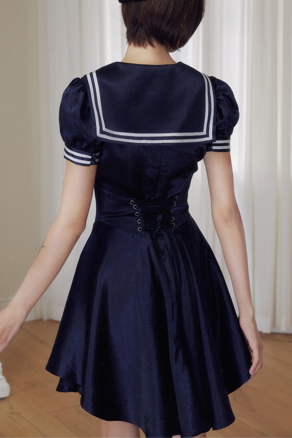 BeatleLady Sailor Collar Lace-Up Acetate Dress - Navy view 7