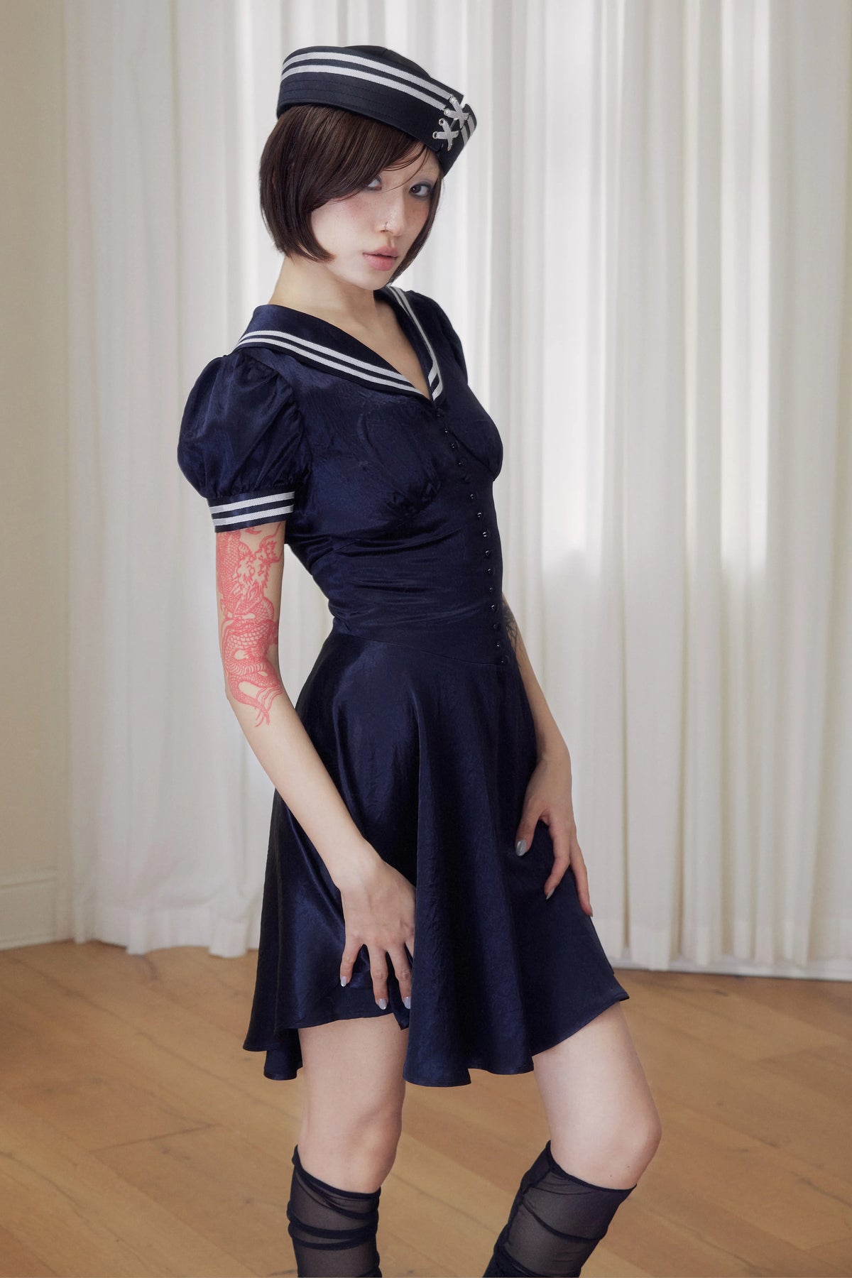 BeatleLady Sailor Collar Lace-Up Acetate Dress - Navy view 8