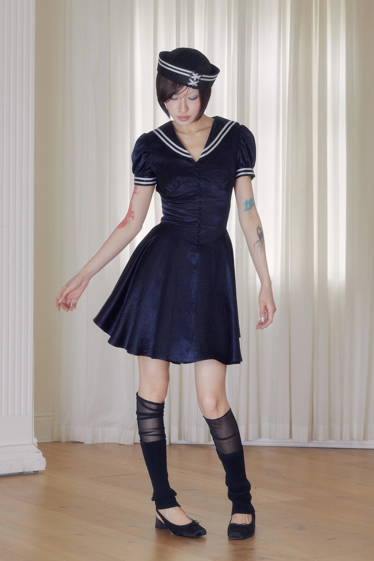 BeatleLady Sailor Collar Lace-Up Acetate Dress - Navy view 9