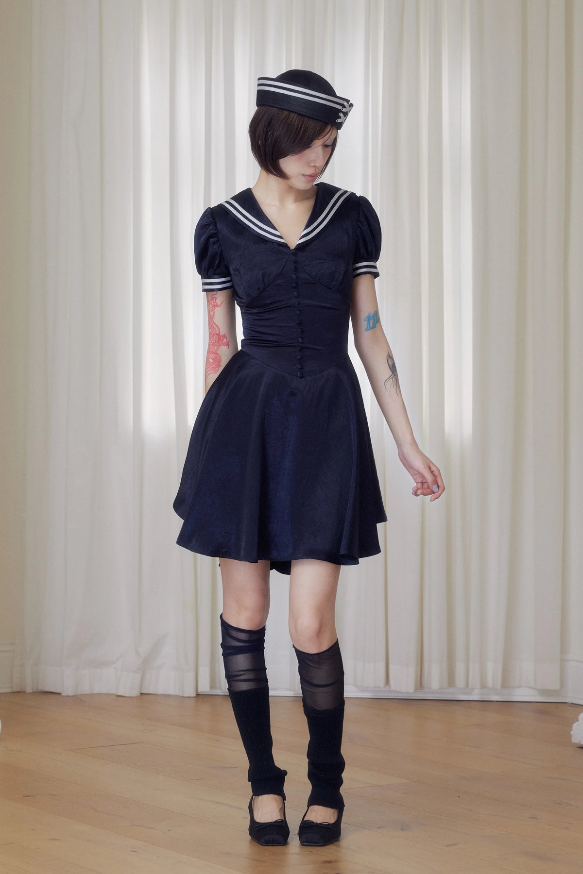 BeatleLady Sailor Collar Lace-Up Acetate Dress - Navy view 10