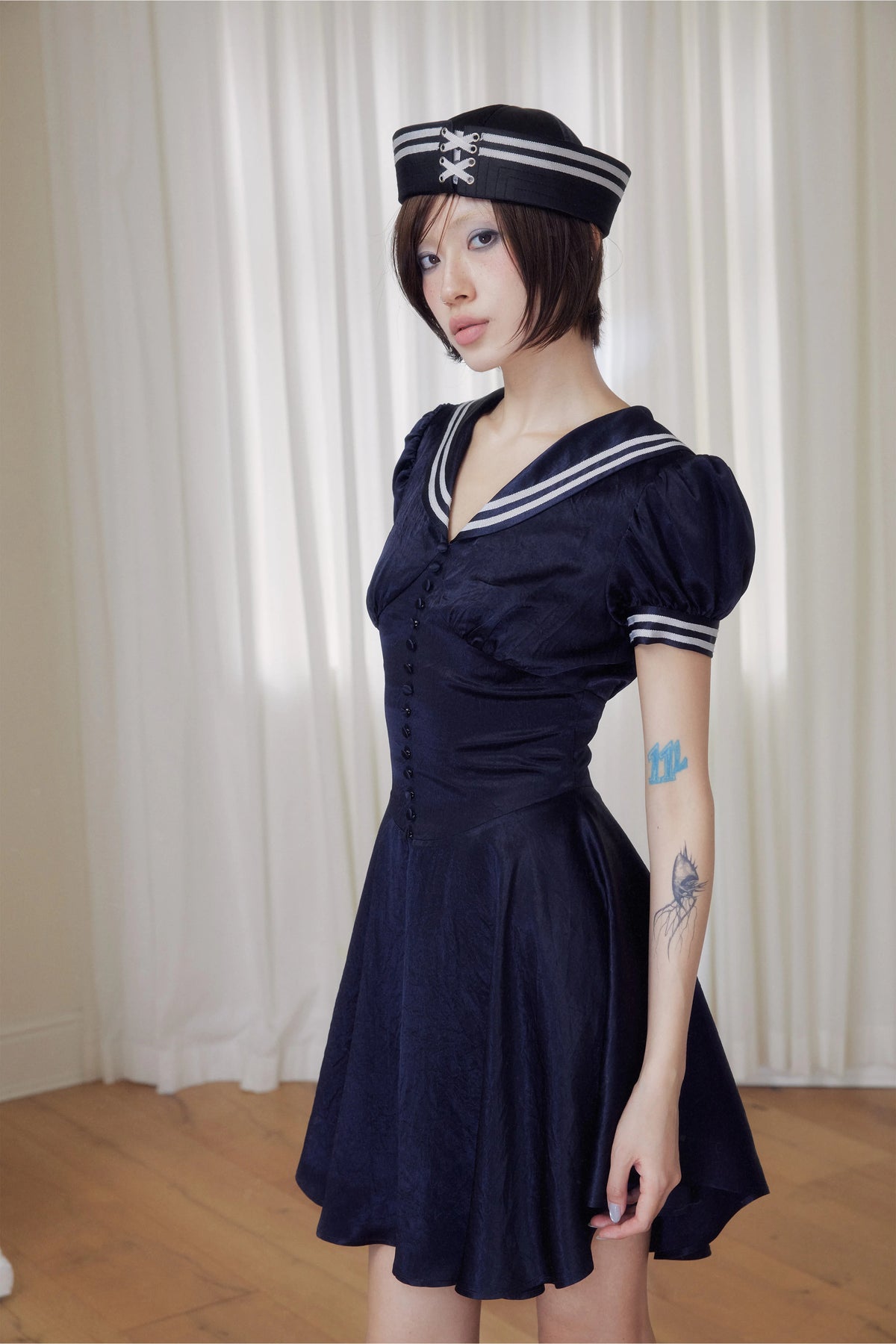 BeatleLady Sailor Collar Lace-Up Acetate Dress - Navy view 11