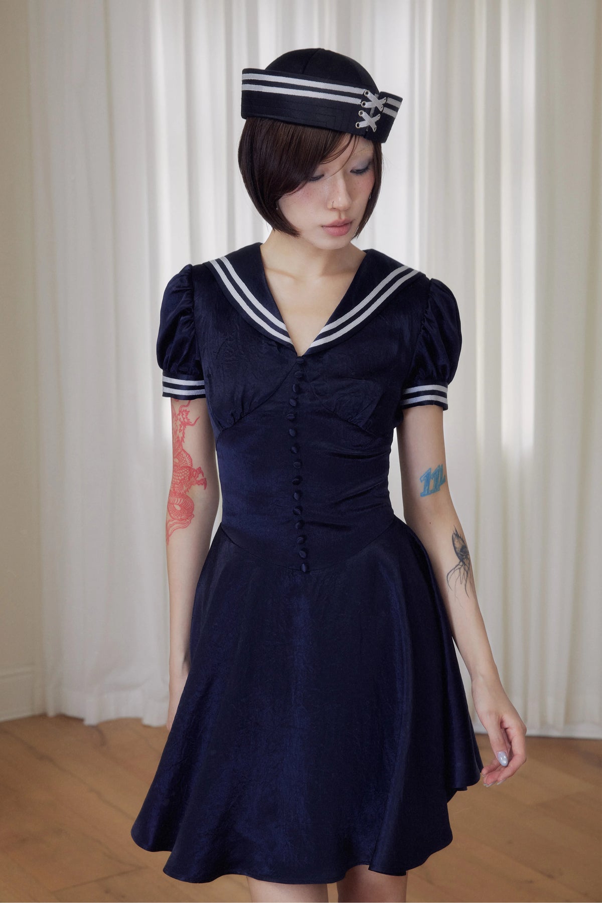 BeatleLady Sailor Collar Lace-Up Acetate Dress - Navy view 12