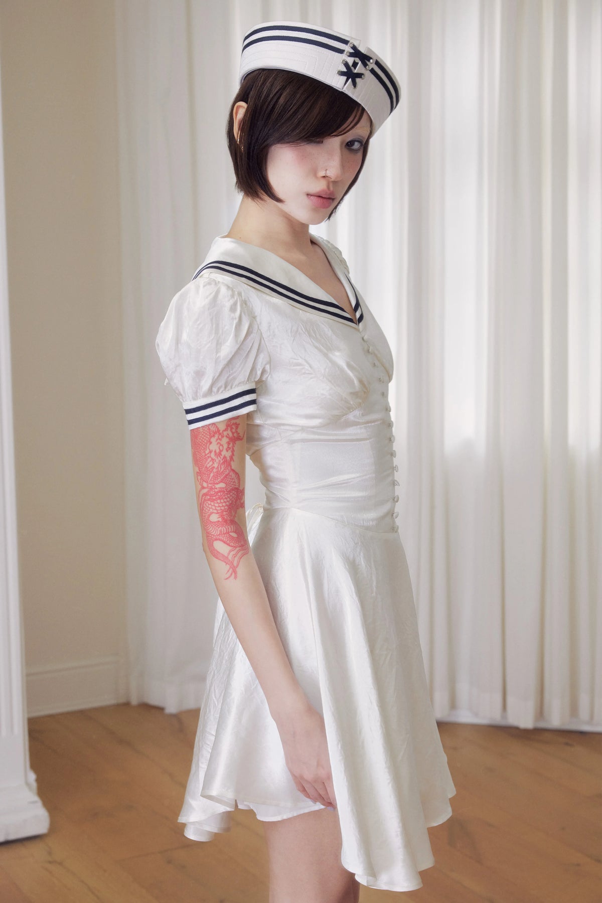 BeatleLady Sailor Collar Lace-Up Acetate Dress - Champagne view 13