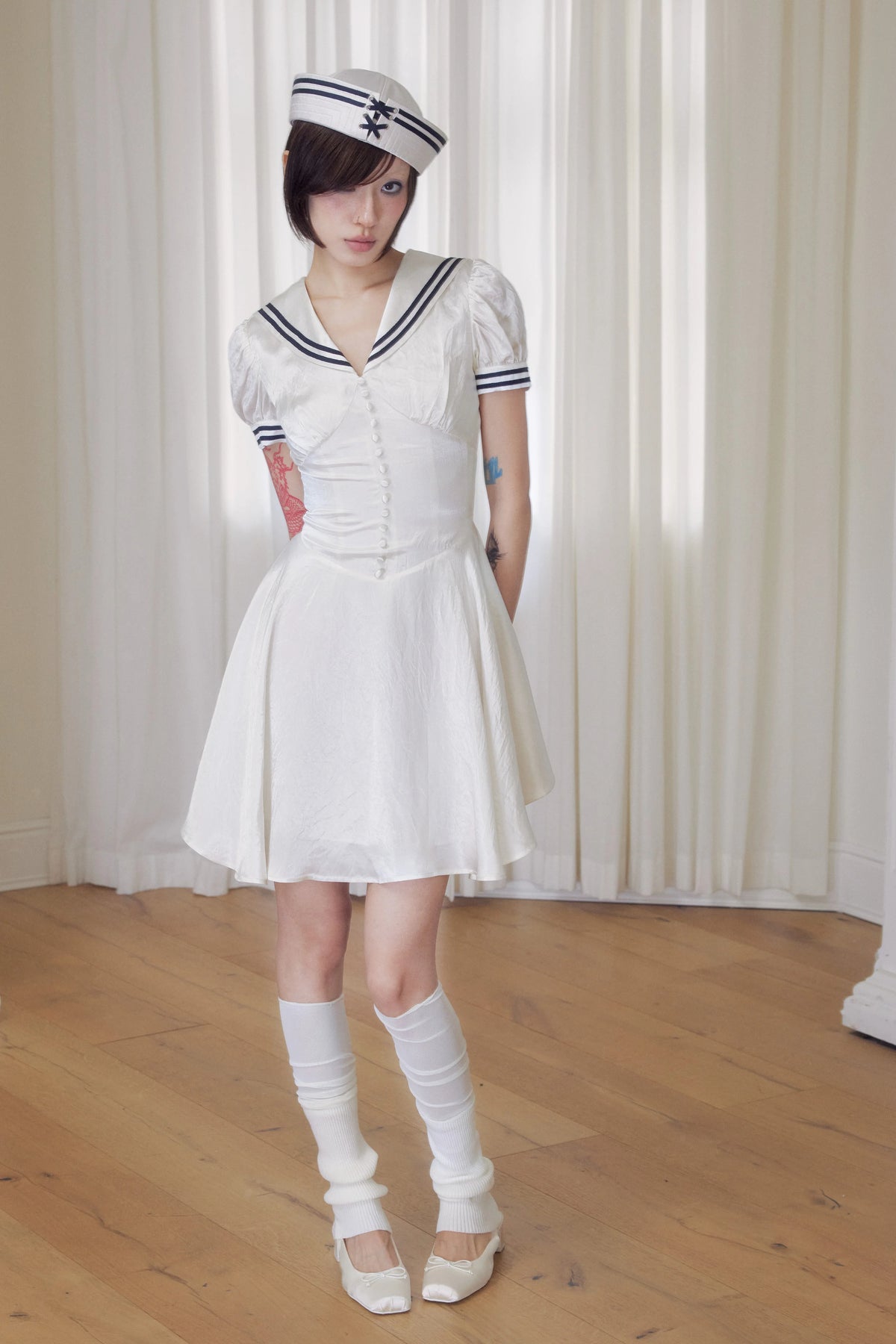 BeatleLady Sailor Collar Lace-Up Acetate Dress - Champagne view 14