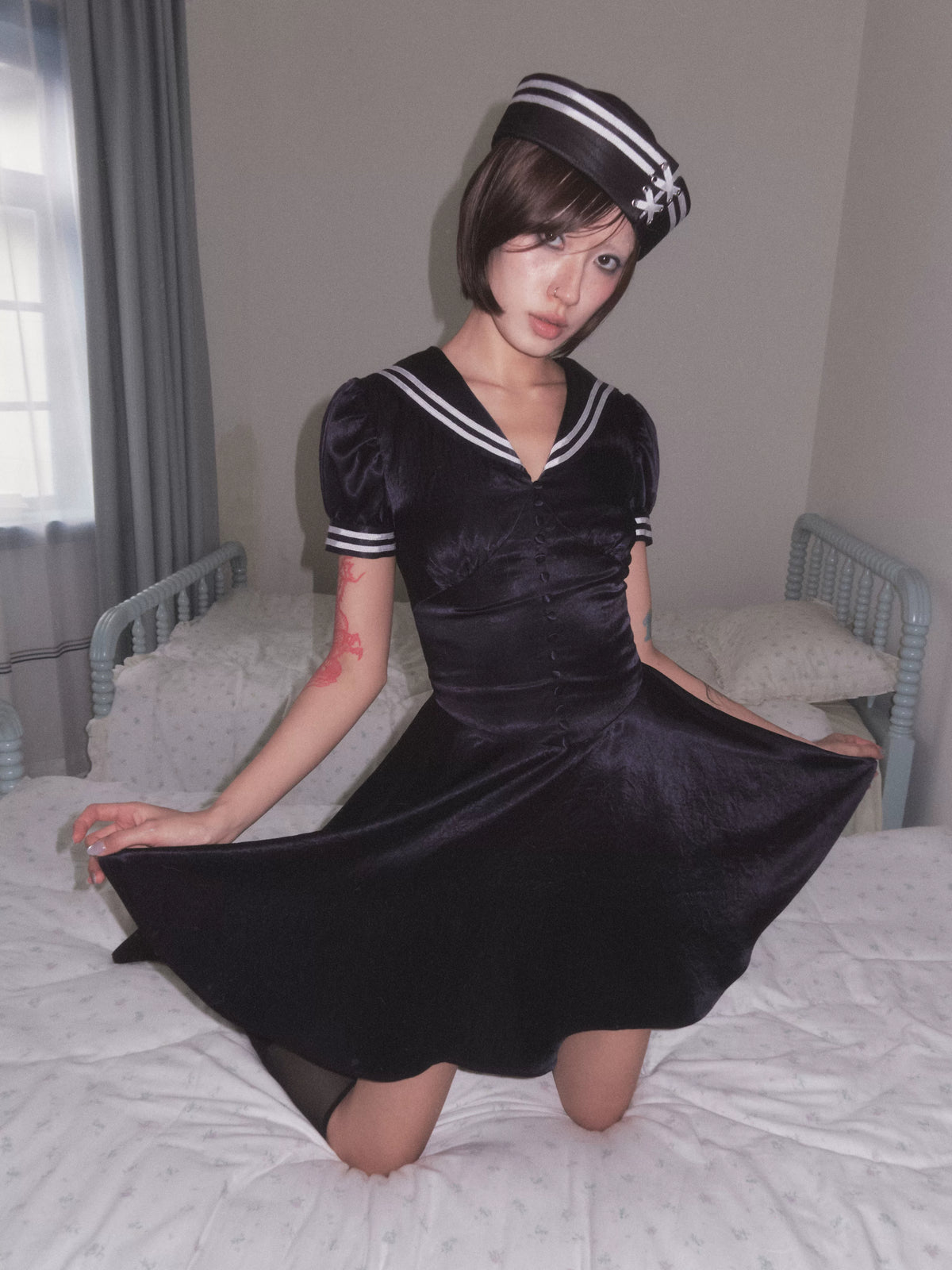 BeatleLady Sailor Collar Lace-Up Acetate Dress - Navy view 15