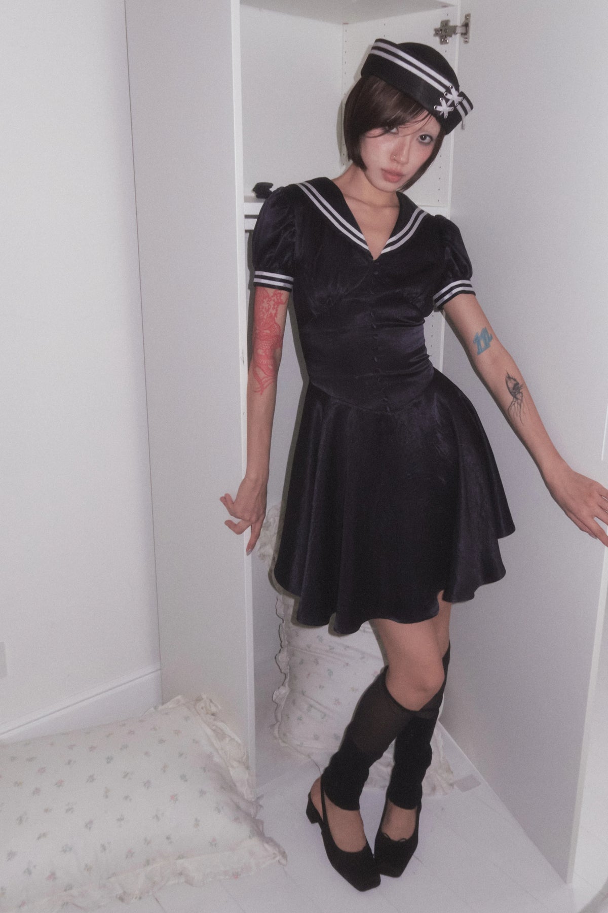 BeatleLady Sailor Collar Lace-Up Acetate Dress - Navy view 16
