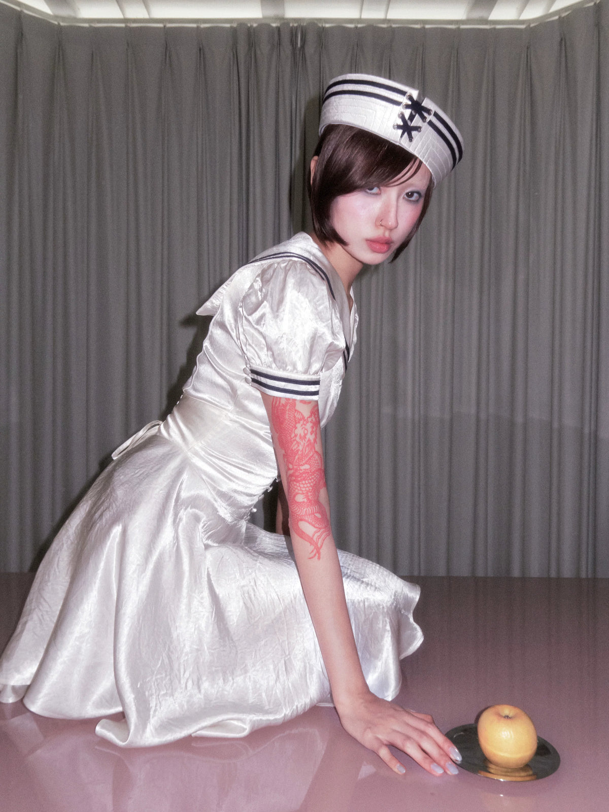 BeatleLady Sailor Collar Lace-Up Acetate Dress - Champagne view 17