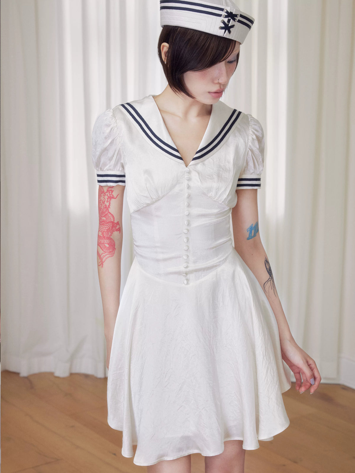BeatleLady Sailor Collar Lace-Up Acetate Dress - Champagne view 18