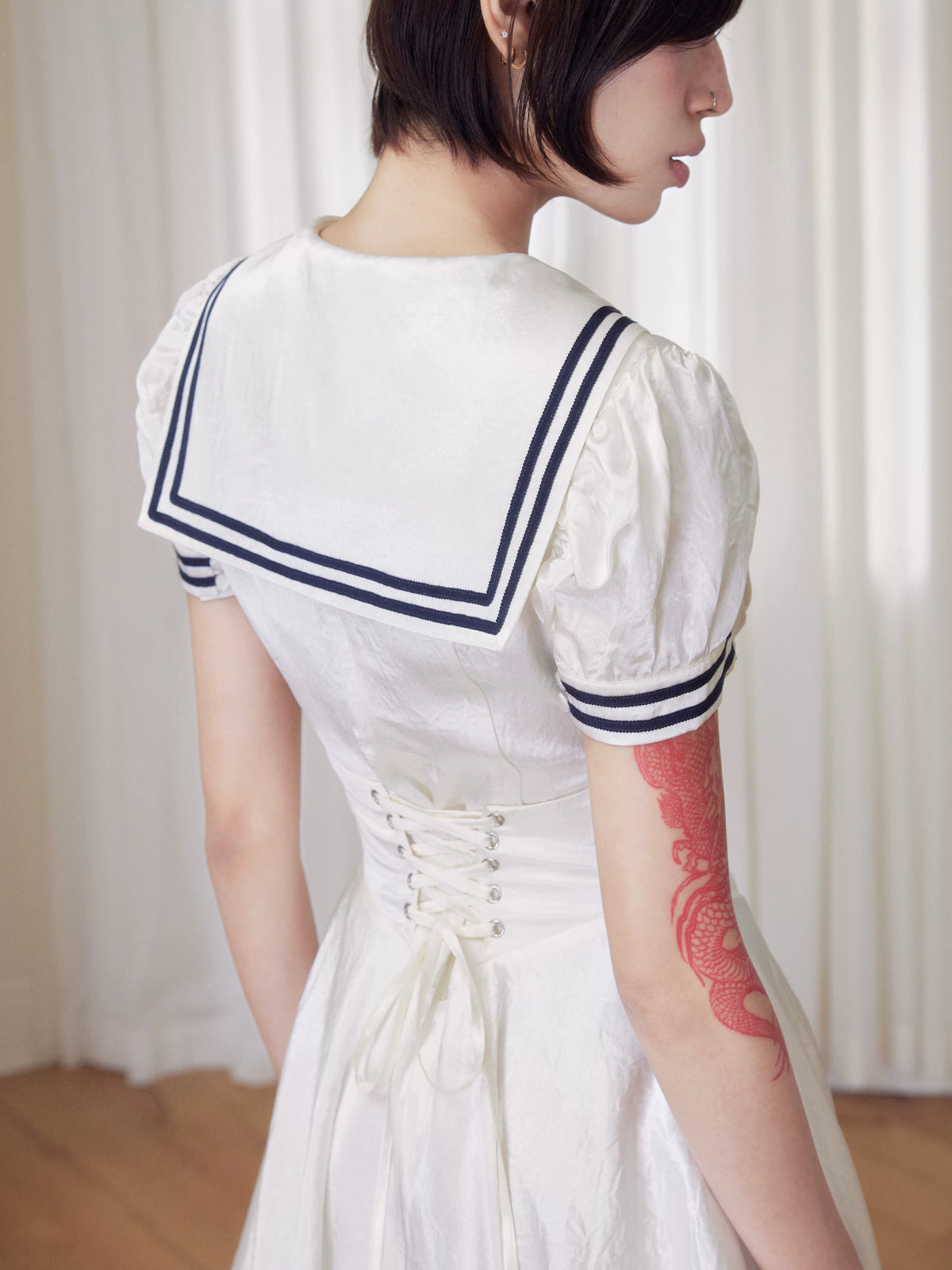 BeatleLady Sailor Collar Lace-Up Acetate Dress - Champagne view 19