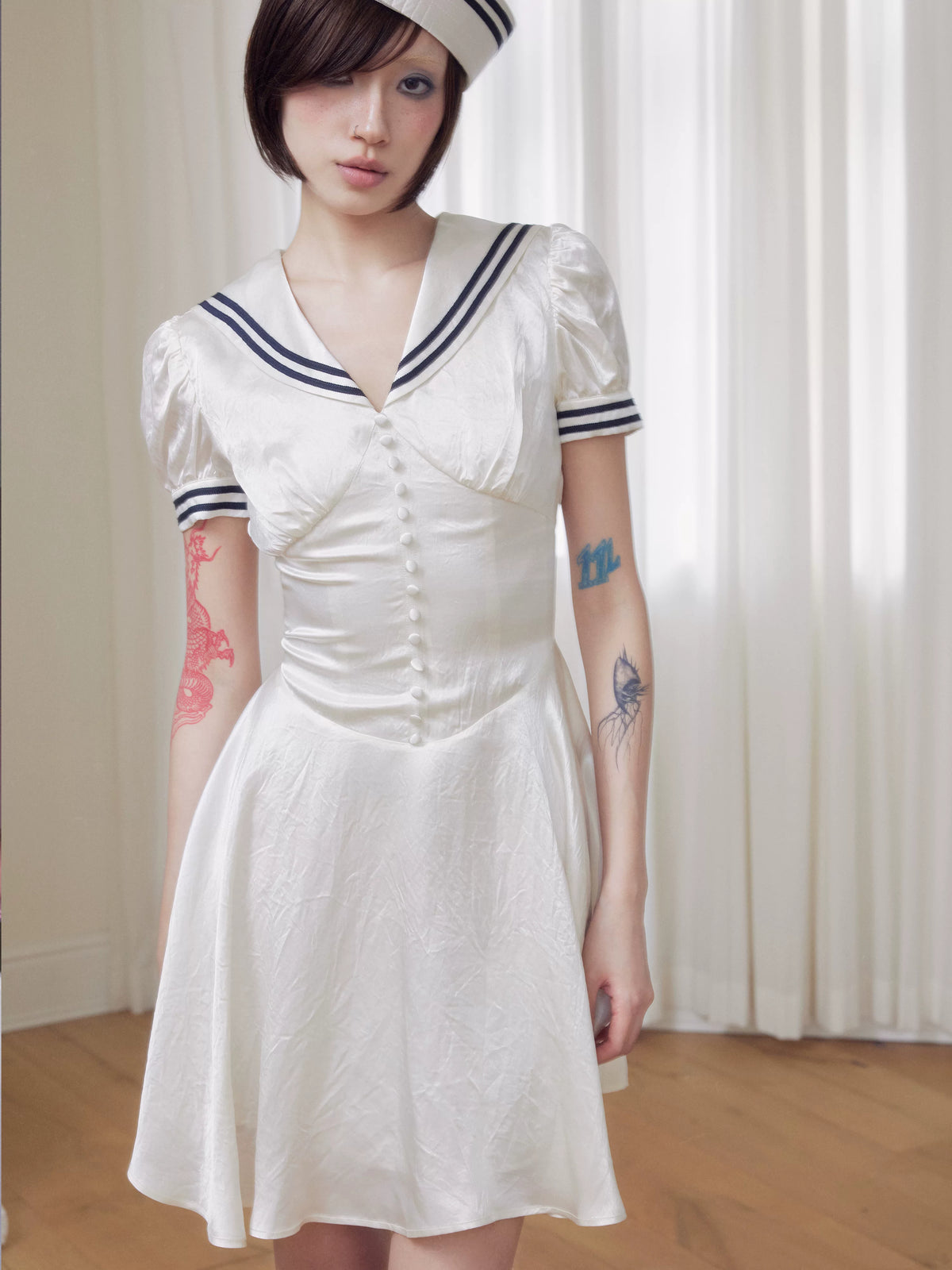 BeatleLady Sailor Collar Lace-Up Acetate Dress - Champagne view 20