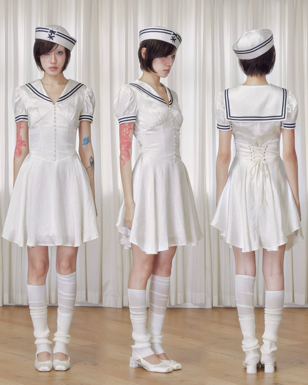 BeatleLady Sailor Collar Lace-Up Acetate Dress - Champagne view 21