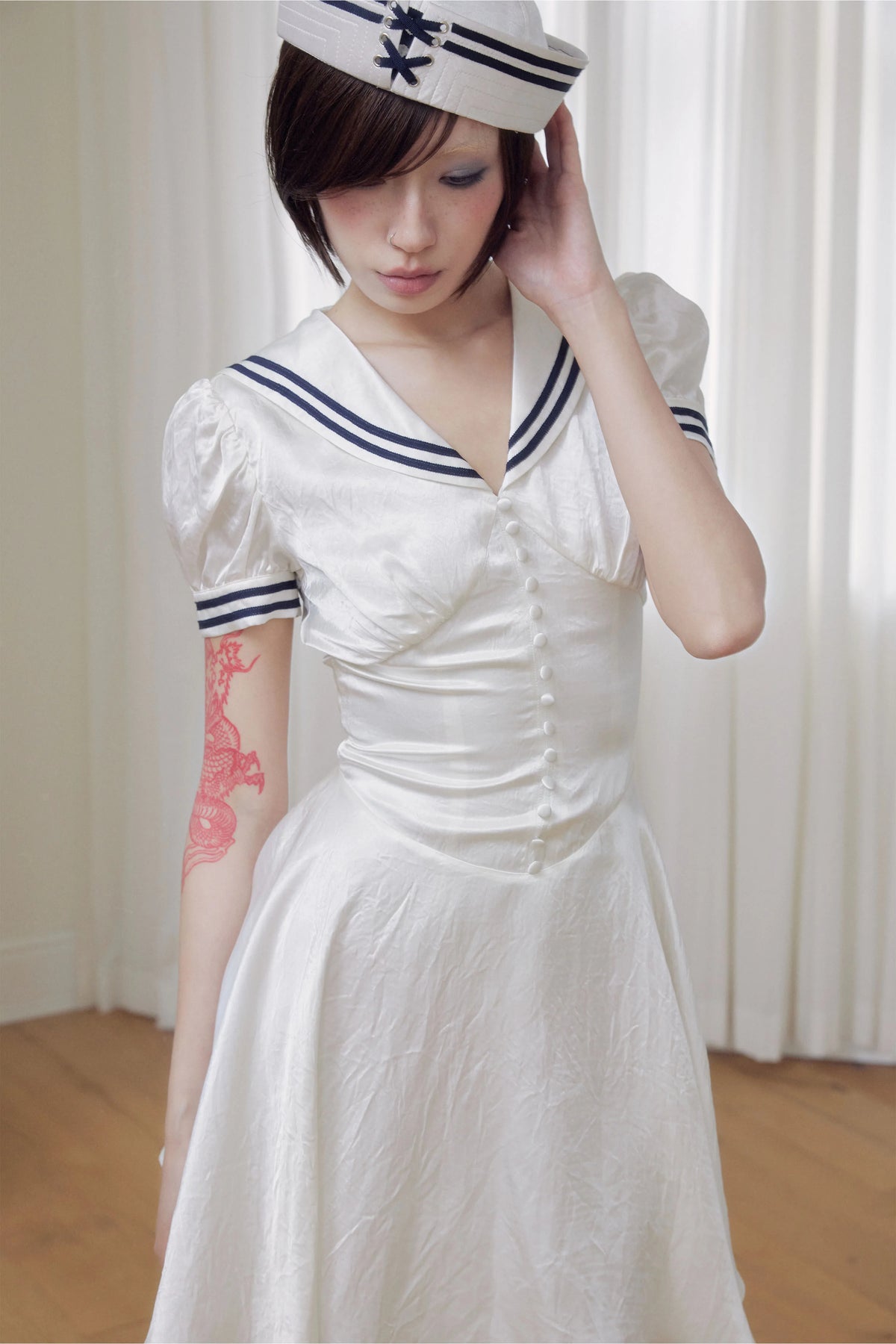 BeatleLady Sailor Collar Lace-Up Acetate Dress - Champagne view 22