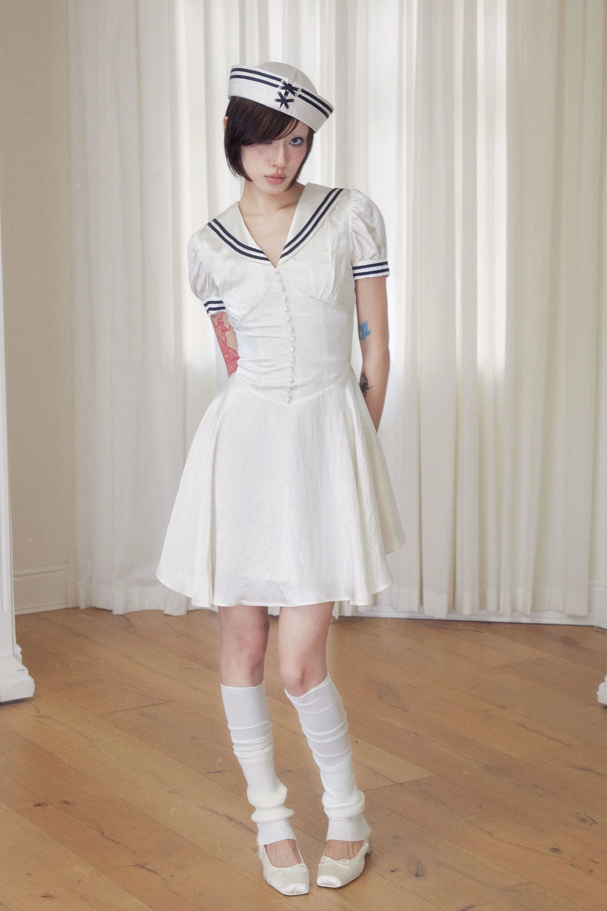 BeatleLady Sailor Collar Lace-Up Acetate Dress - Champagne view 23