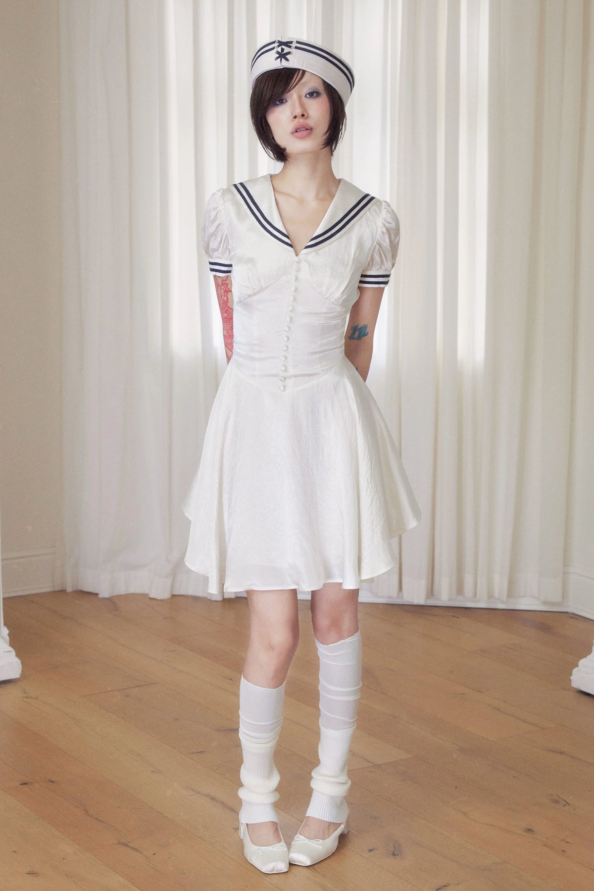 BeatleLady Sailor Collar Lace-Up Acetate Dress - Champagne view 24