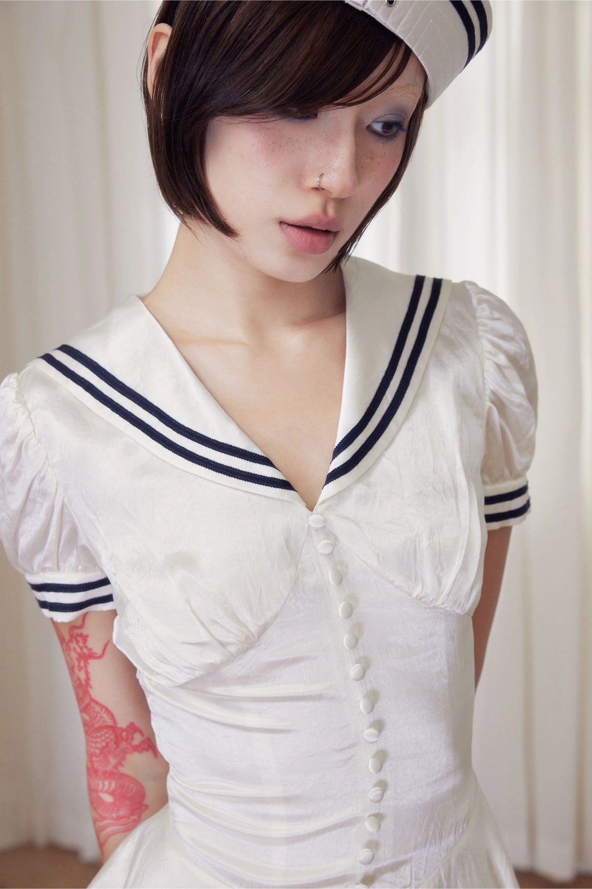 BeatleLady Sailor Collar Lace-Up Acetate Dress - Champagne view 25