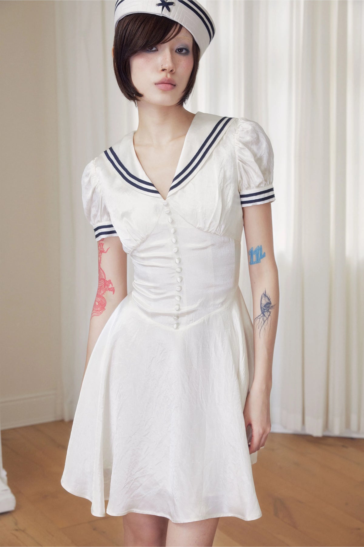 BeatleLady Sailor Collar Lace-Up Acetate Dress - Champagne view 26