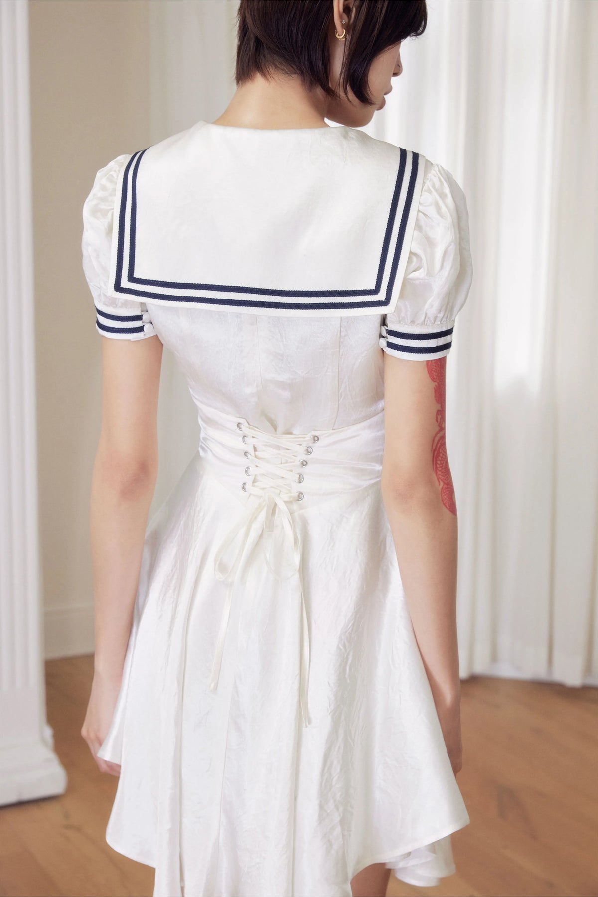 BeatleLady Sailor Collar Lace-Up Acetate Dress - Champagne view 27