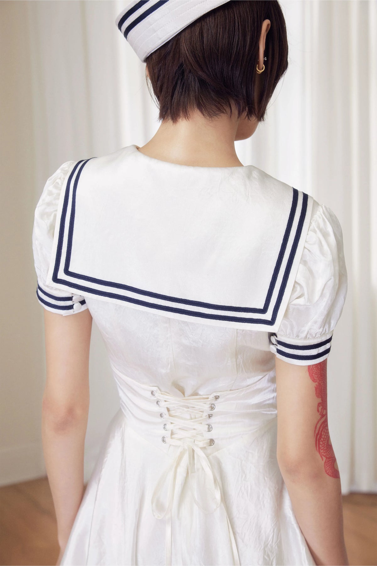 BeatleLady Sailor Collar Lace-Up Acetate Dress - Champagne view 28