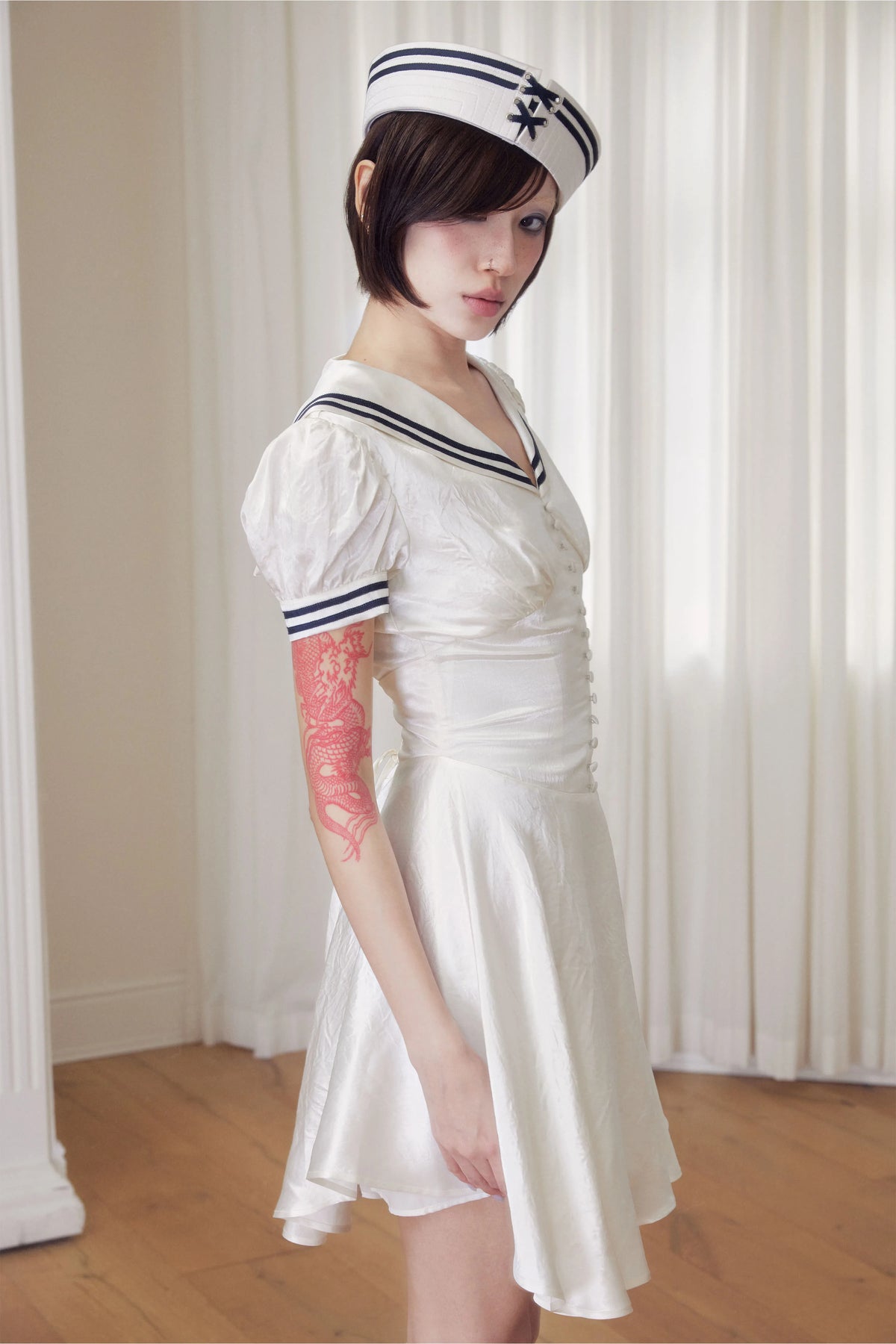 BeatleLady Sailor Collar Lace-Up Acetate Dress - Champagne view 29