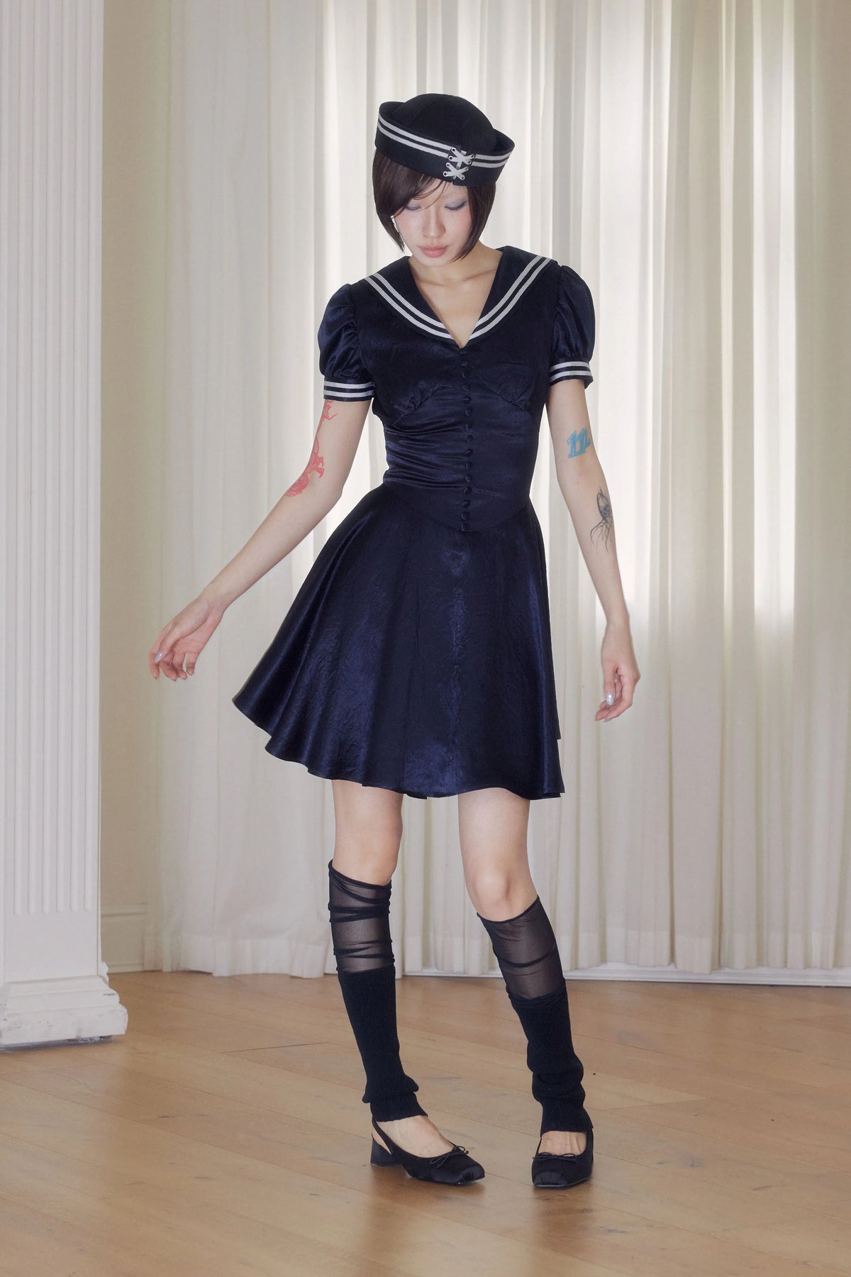 BeatleLady Sailor Collar Lace-Up Acetate Dress - Navy view 30