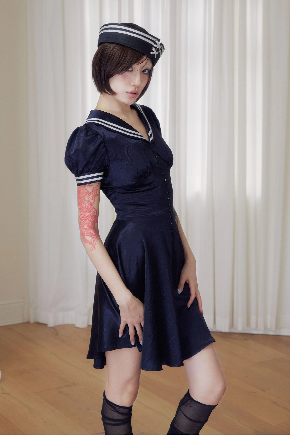 BeatleLady Sailor Collar Lace-Up Acetate Dress - Navy view 31