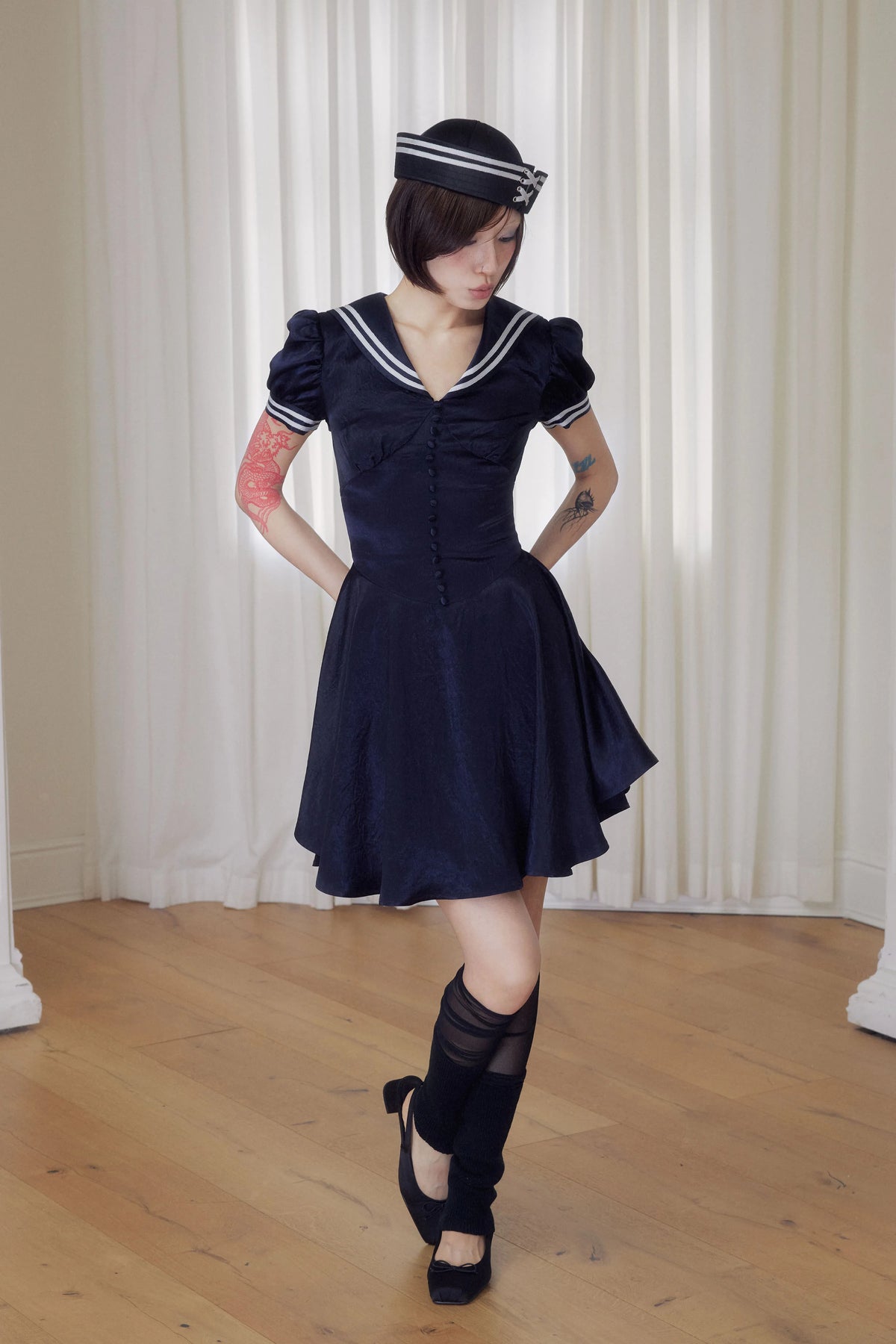 BeatleLady Sailor Collar Lace-Up Acetate Dress - Navy view 32