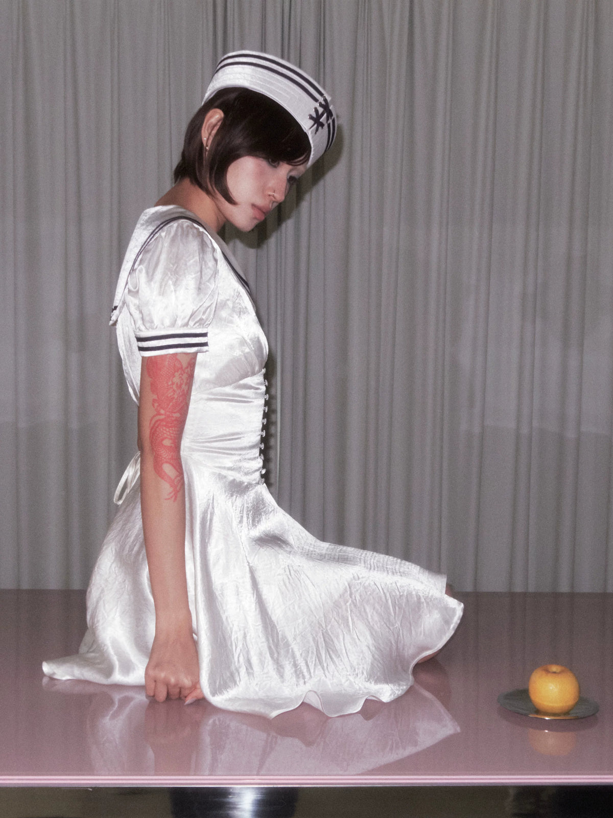 BeatleLady Sailor Collar Lace-Up Acetate Dress - Champagne view 33