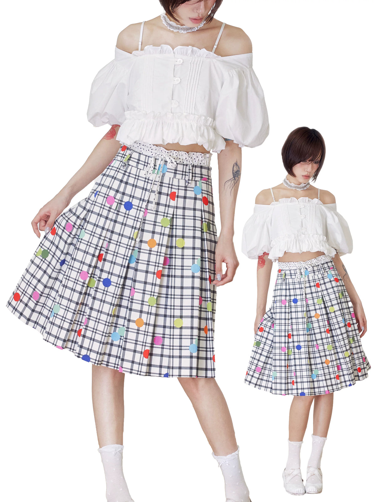 BeatleLady Plaid & Polka Dot Pleated Skirt - White plaid and multicolored dots - modeled styling