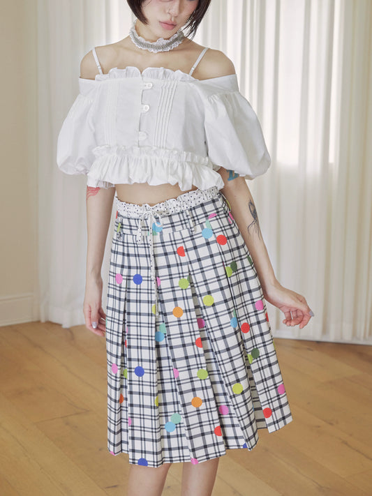 BeatleLady Plaid & Polka Dot Pleated Skirt - White plaid and multicolored dots - modeled styling