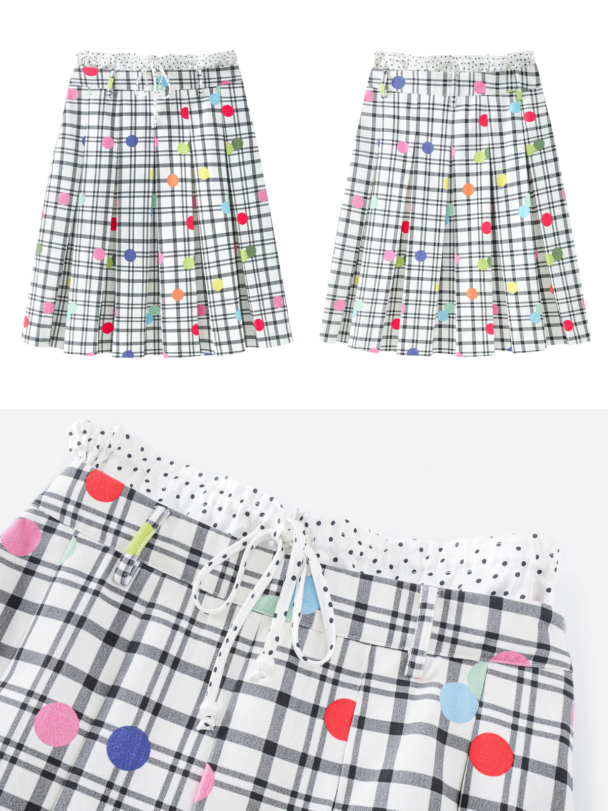 BeatleLady Plaid & Polka Dot Pleated Skirt - White plaid and multicolored dots - front and back flat lay