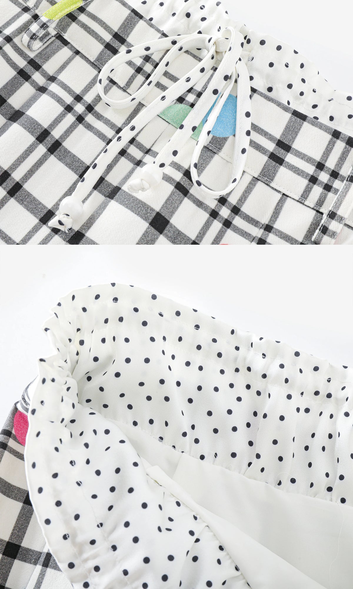 BeatleLady Plaid & Polka Dot Pleated Skirt - White plaid and multicolored dots - waistband and pleat details