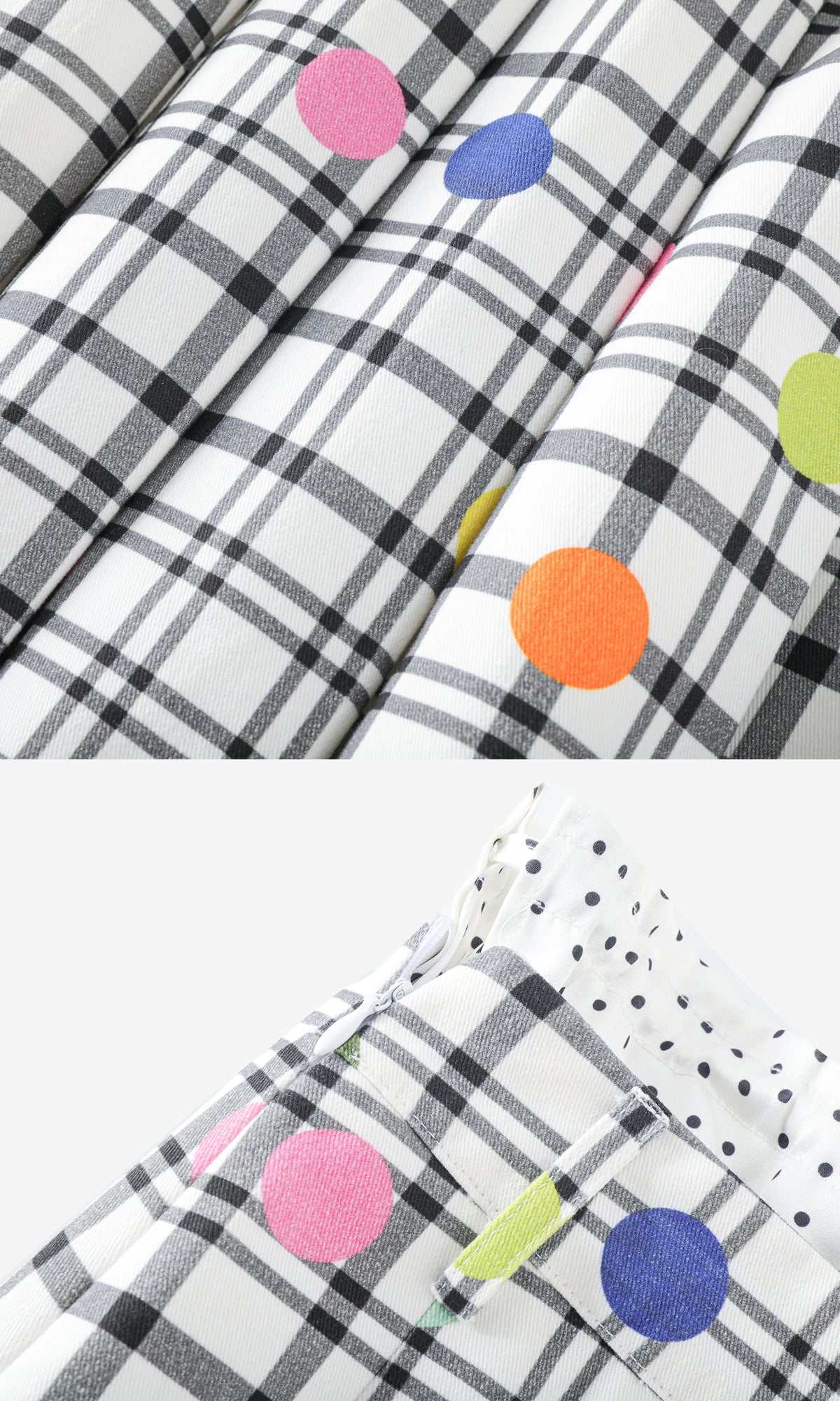BeatleLady Plaid & Polka Dot Pleated Skirt - White plaid and multicolored dots - waistband and pleat details