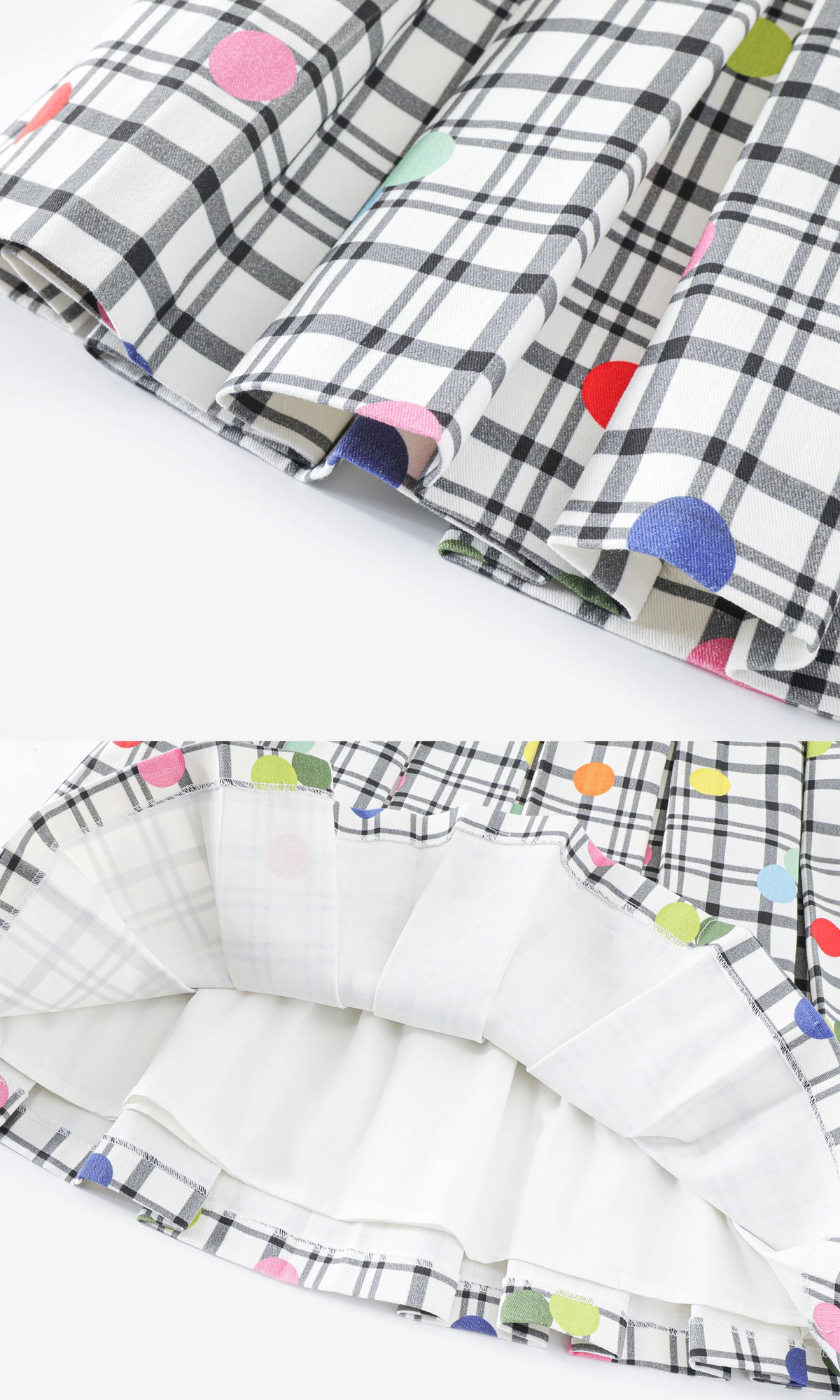 BeatleLady Plaid & Polka Dot Pleated Skirt - White plaid and multicolored dots - waistband and pleat details