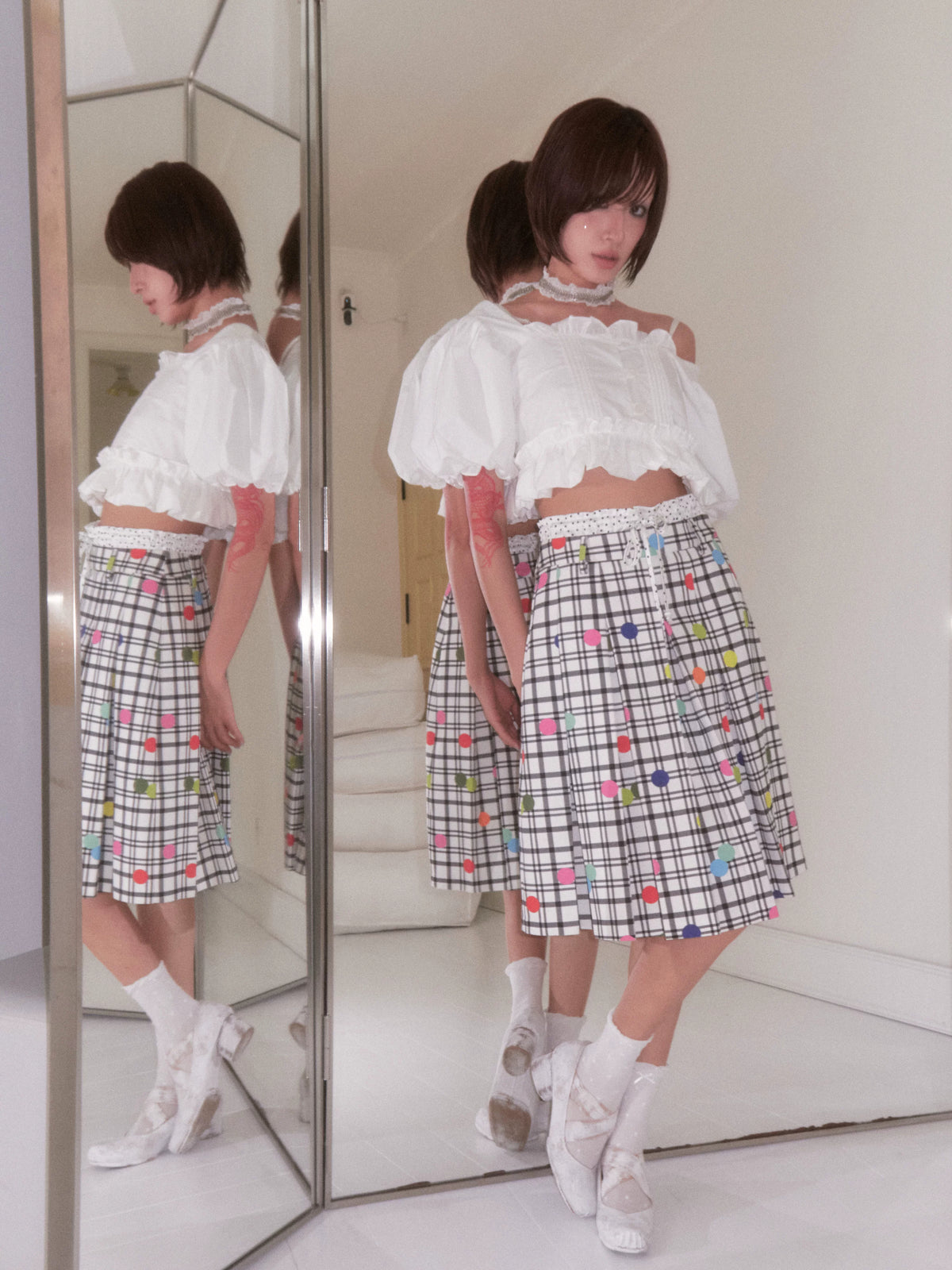 BeatleLady Plaid & Polka Dot Pleated Skirt - White plaid and multicolored dots - modeled styling