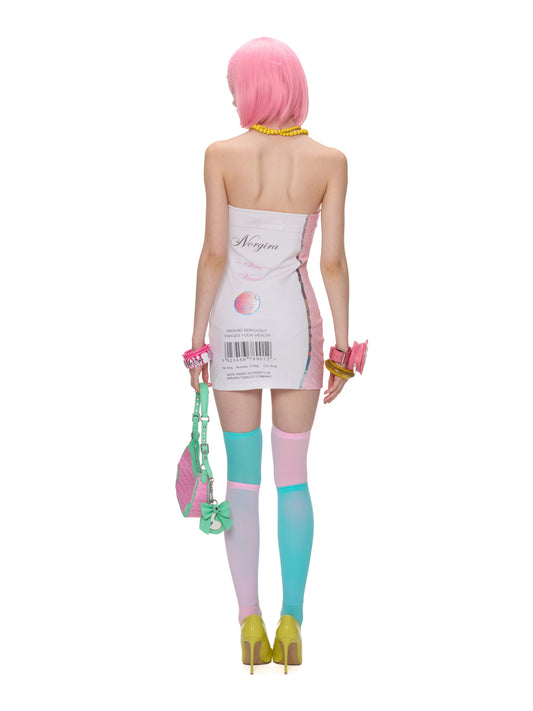 NORGIRA Vanille Cigarette Strapless Mini Dress - white strapless mini dress, rear model view showing package-style back print