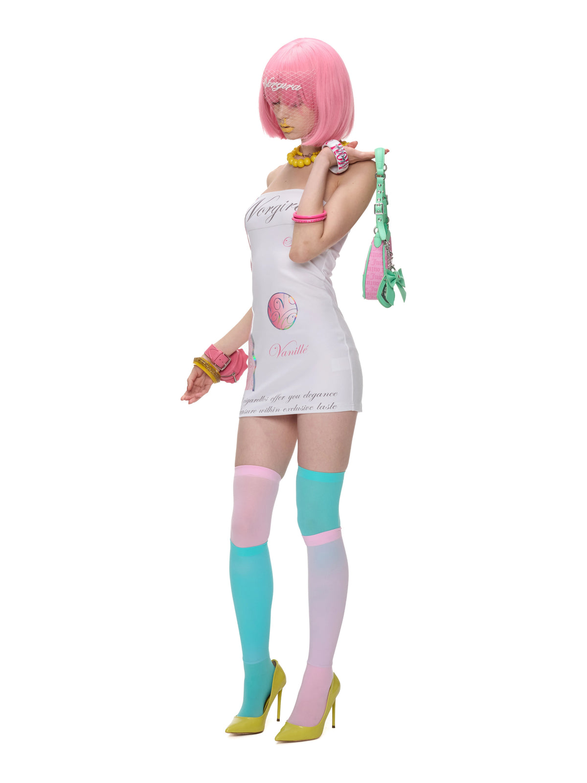 NORGIRA Vanille Cigarette Strapless Mini Dress - white strapless mini dress, side model view with pink panel