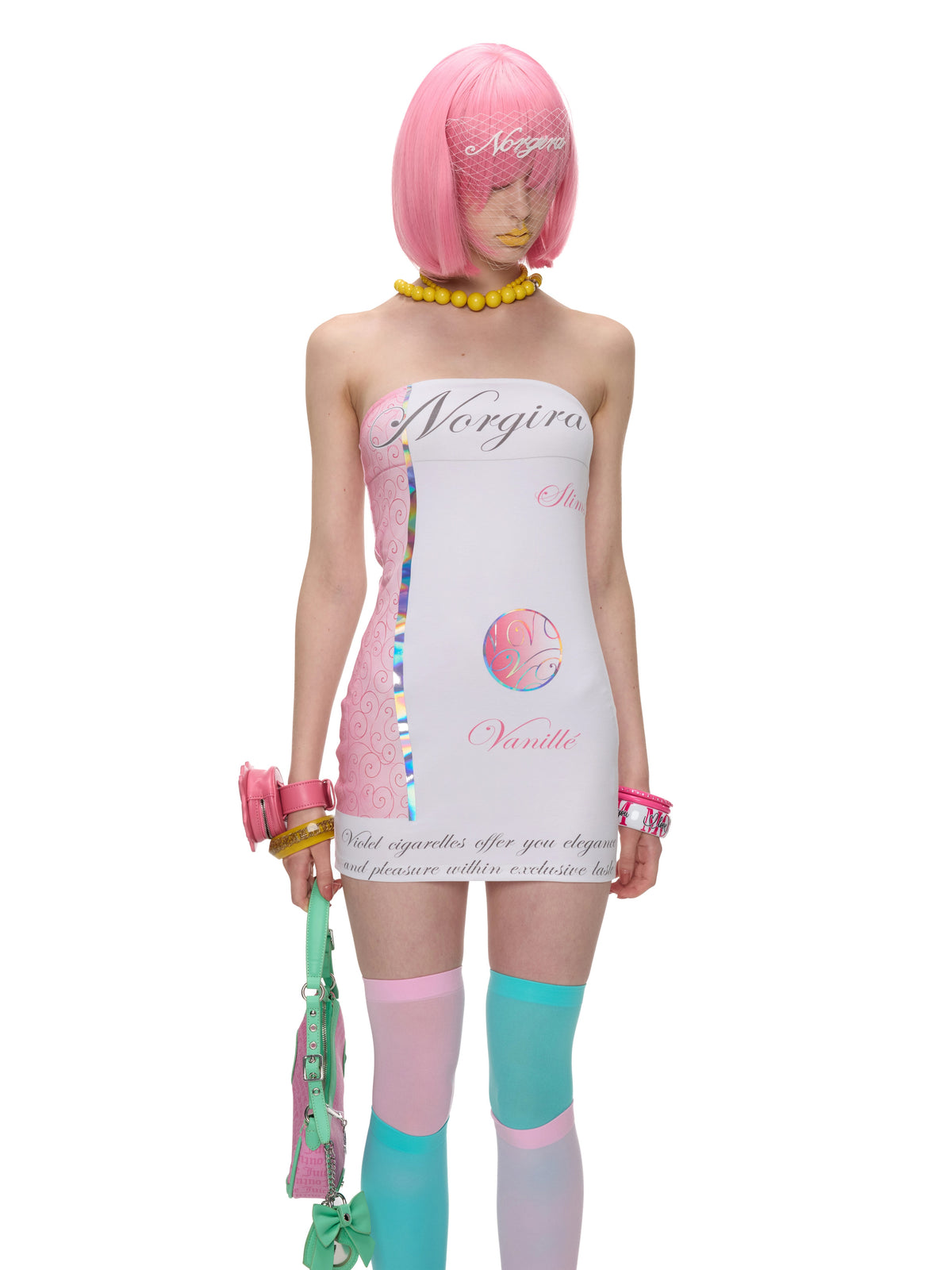 NORGIRA Vanille Cigarette Strapless Mini Dress - white strapless mini dress, close front model view